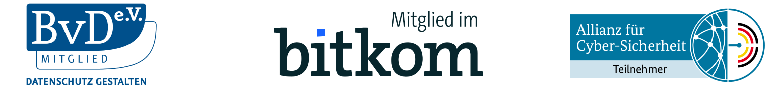 Mitgliedschaften bei BvD e.V., bitkom, Allianz für Cyber-Sicherheit.